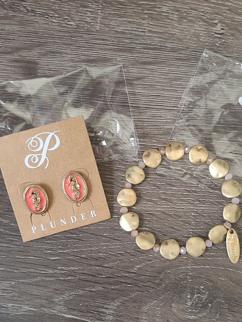 Plunder Coral Seahorse Earrings & Gold Bead Bracelet Set